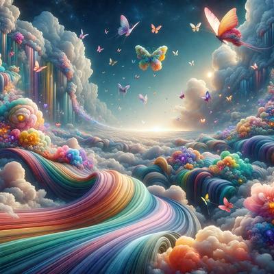 The primary subject of the image is a vibrant and colorful scene featuring a rainbow-colored river surrounded by clouds. The setting is a fantastical, whimsical, and imaginative environment, with a backdrop of a starry night sky. The visual style is a digital art or illustration, showcasing a creative and artistic approach to the composition. The colors and mood of the image are lively, energetic, and uplifting, with a strong emphasis on the vibrant hues of the rainbow.
